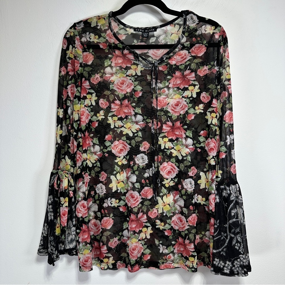 Y2K Black Sheer Floral Mesh Top Flared Bell Sleeve Romantic Blouse S